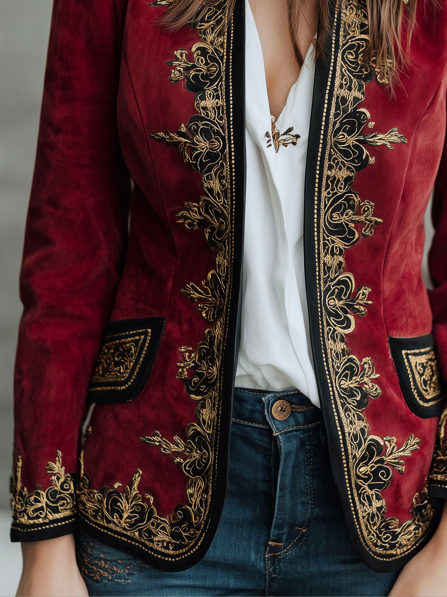 Vintage Burgundy Microsuede Embroidered Blazer With Black And Gold Trim