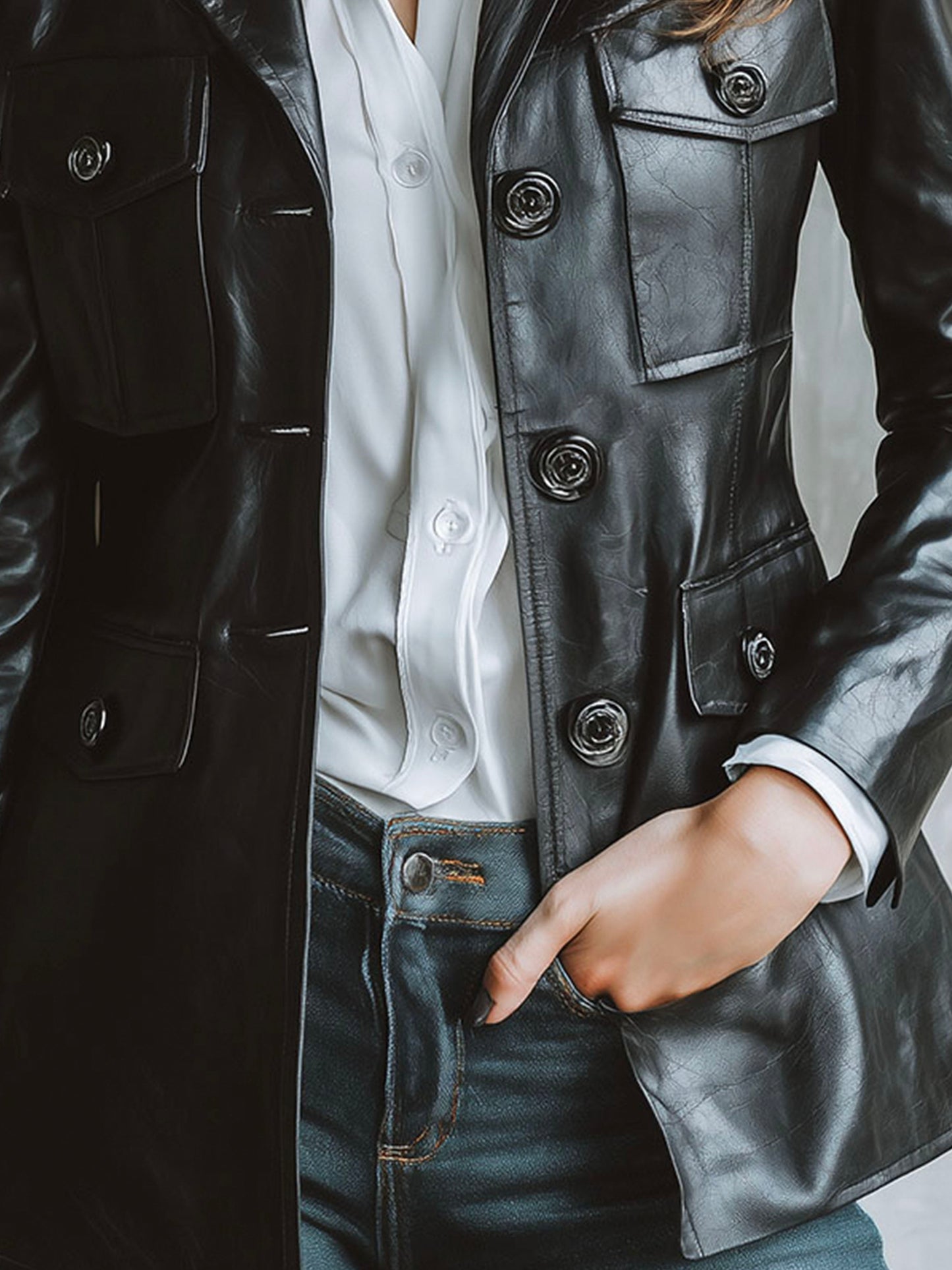 Chic Black Eco Leather Tailored Blazer With Flap Pockets