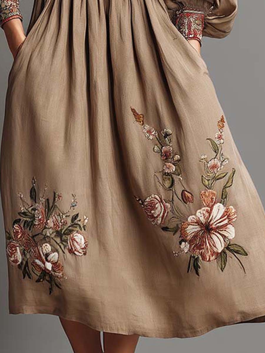 Bohemian Embroidered Linen Midi Dress With Puff Sleeves