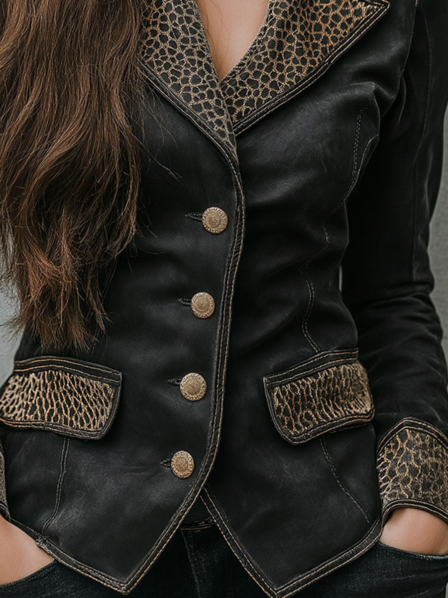 Vintage Black Eco Leather Blazer With Leopard Pattern Trim