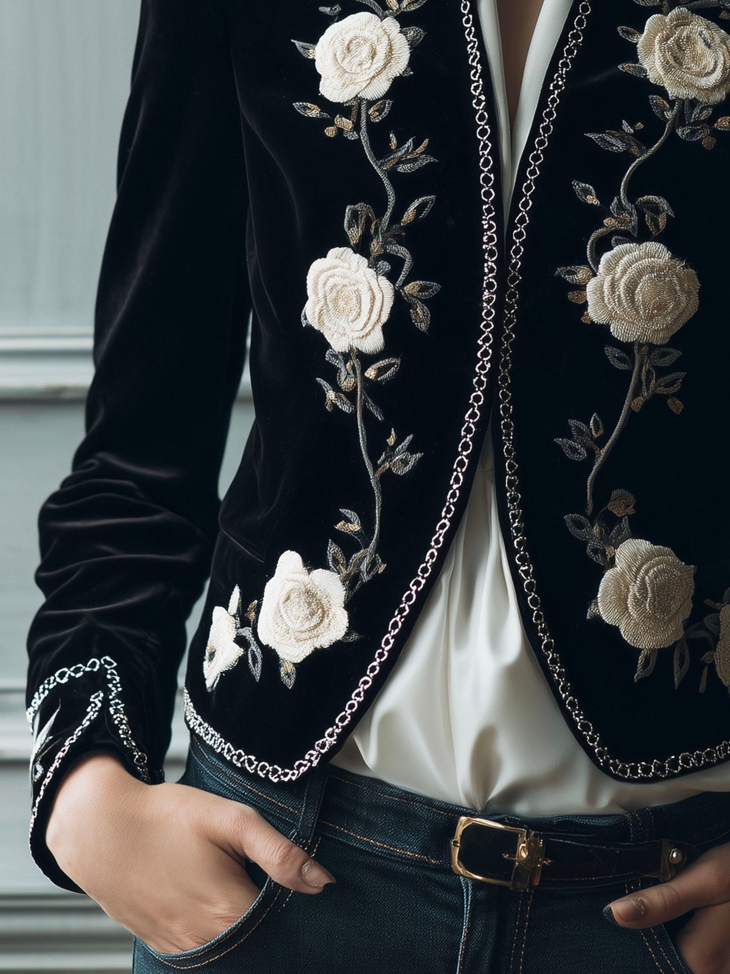 Elegant Black Velvet White Floral Embroidered Blazer