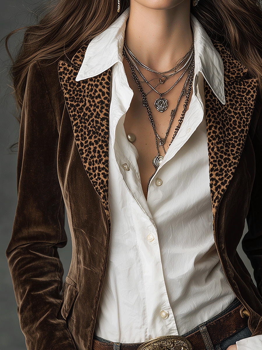 Boho Chocolate Velvet Leopard Lapel Blazer