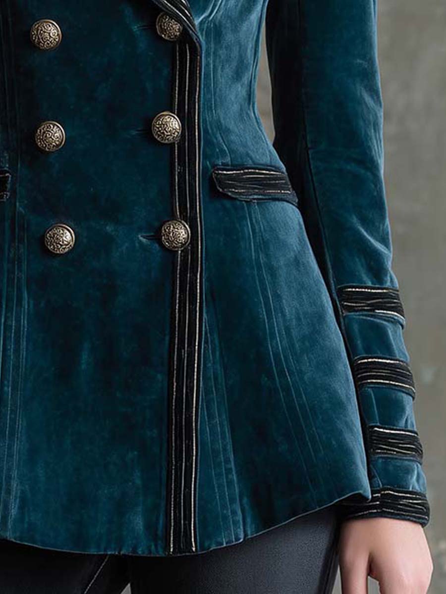 Structured Velvet Military Blazer With Contrast Trim - Dark Teal