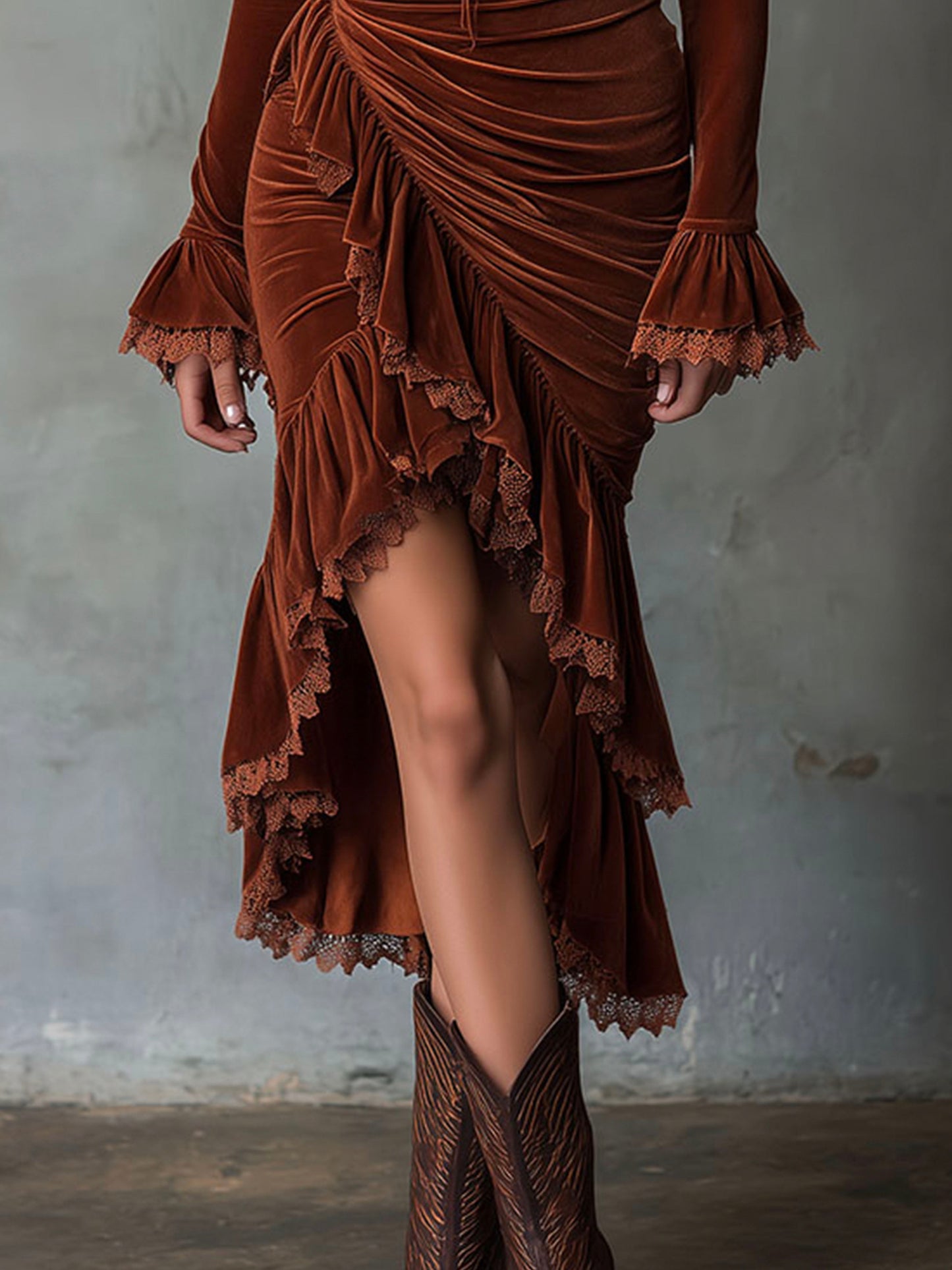 Elegant Rust Velvet Ruffle Lace-Trim Asymmetrical Midi Dress