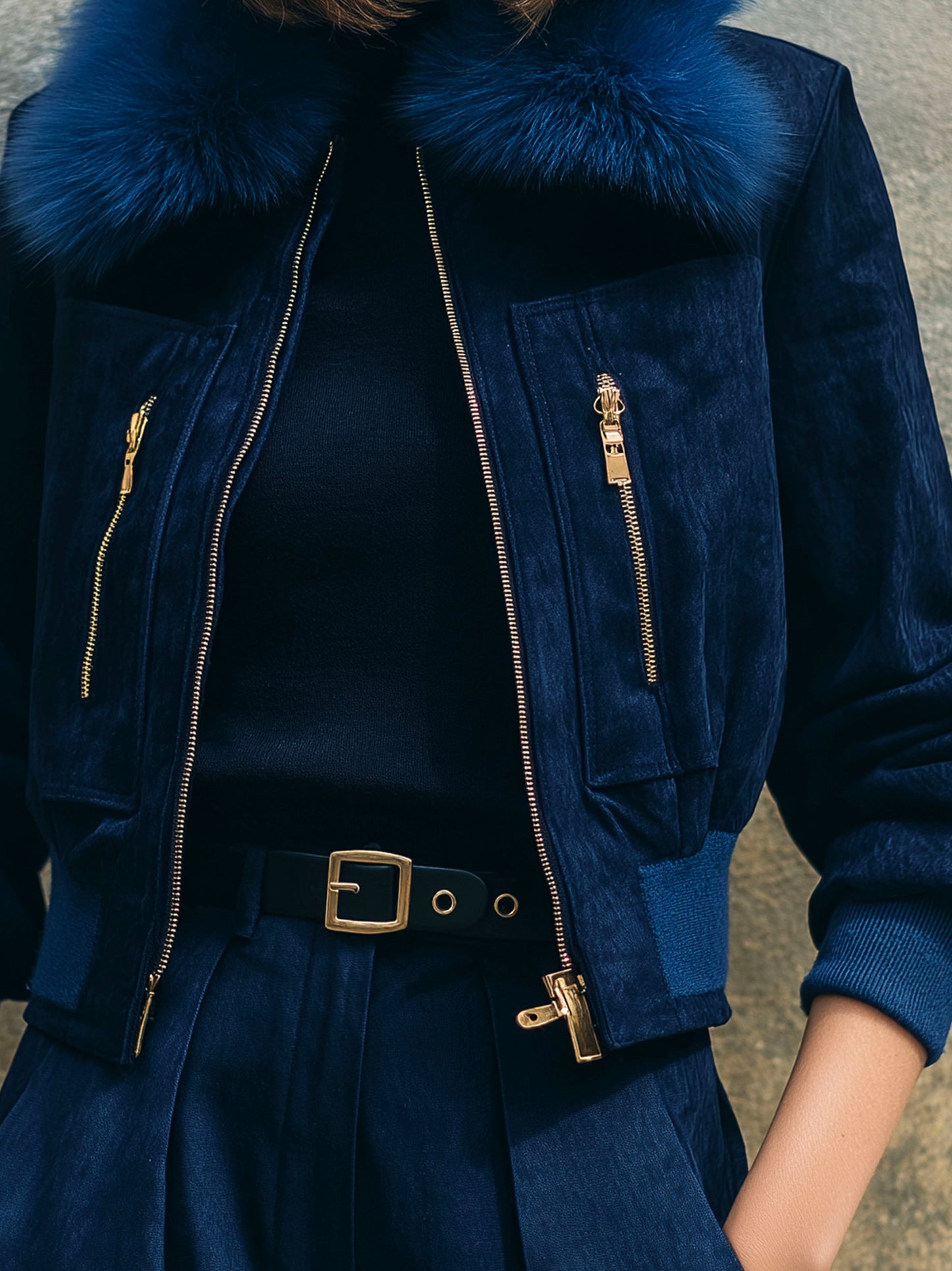 Chic Navy Eco Fur Collar Microsuede Zipper Bomber Jacket With Ribbed Cuffs