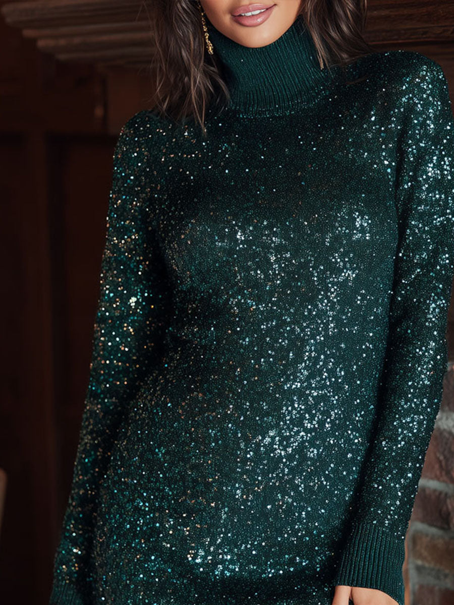 Cozy Emerald Sequin Turtleneck Sweater Dress With Ribbed Trims