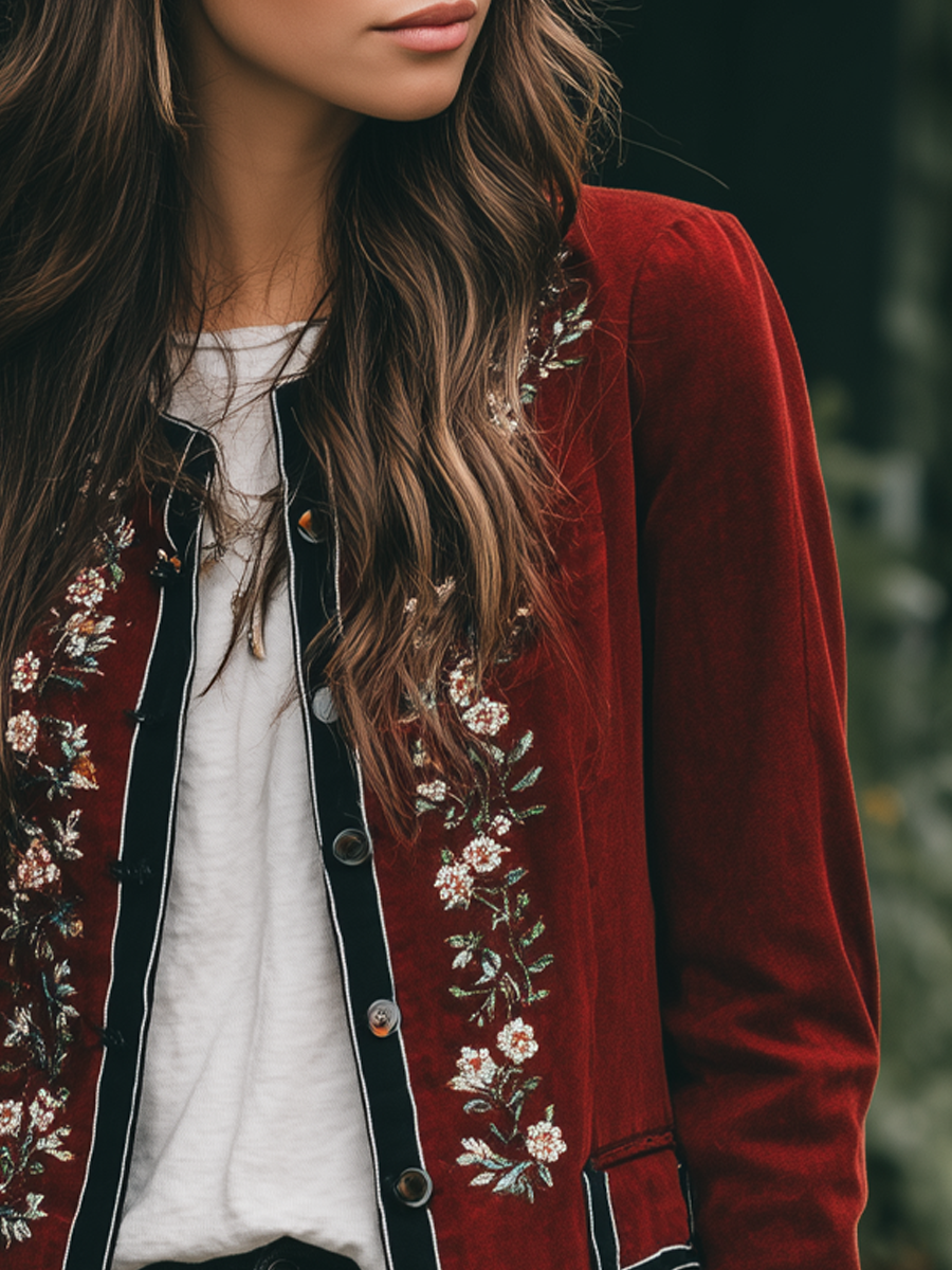 Vintage Contrasting Trim Embroidered Velvet Jacket