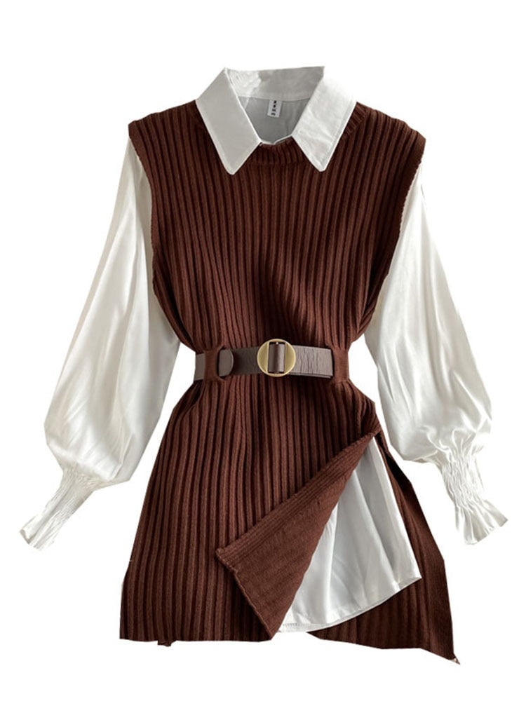 spring autumn women's lantern sleeve shirt knitted vest two piece sets of College style waistband vest two sets top UK900