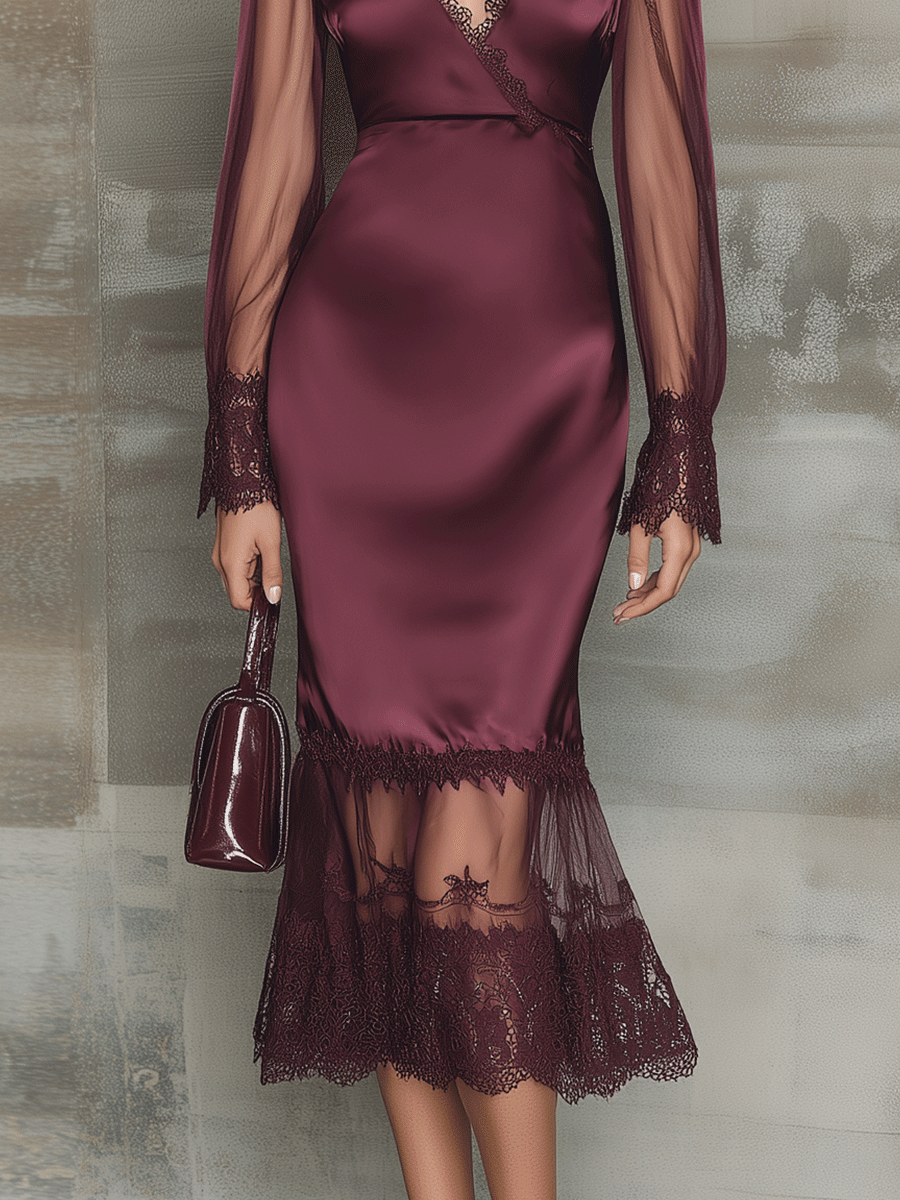 Elegant Burgundy V-Neck Lace Sleeve Cocktail Midi Dress