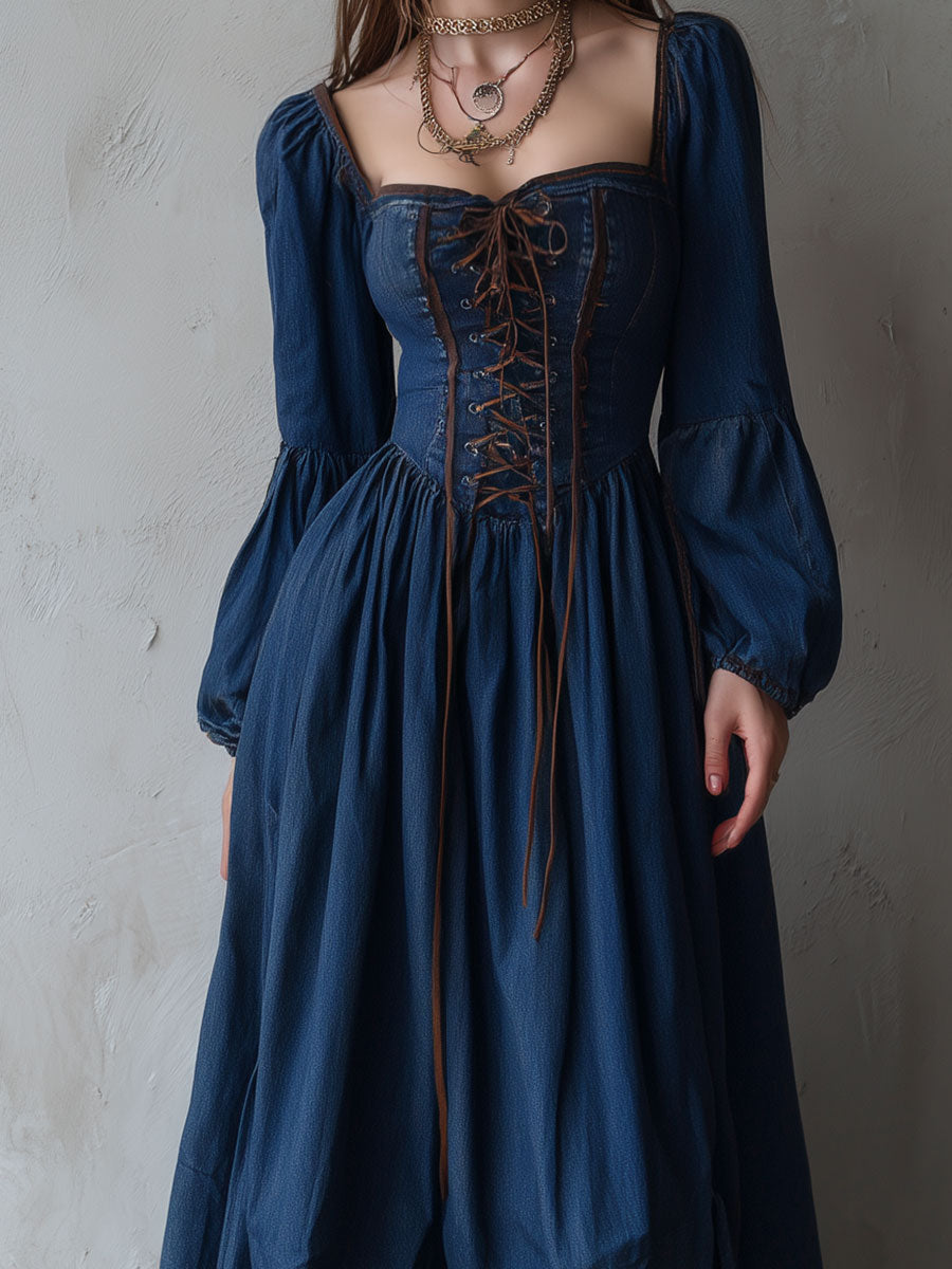 Retro Puff Sleeve Denim Lace Up Maxi Dress