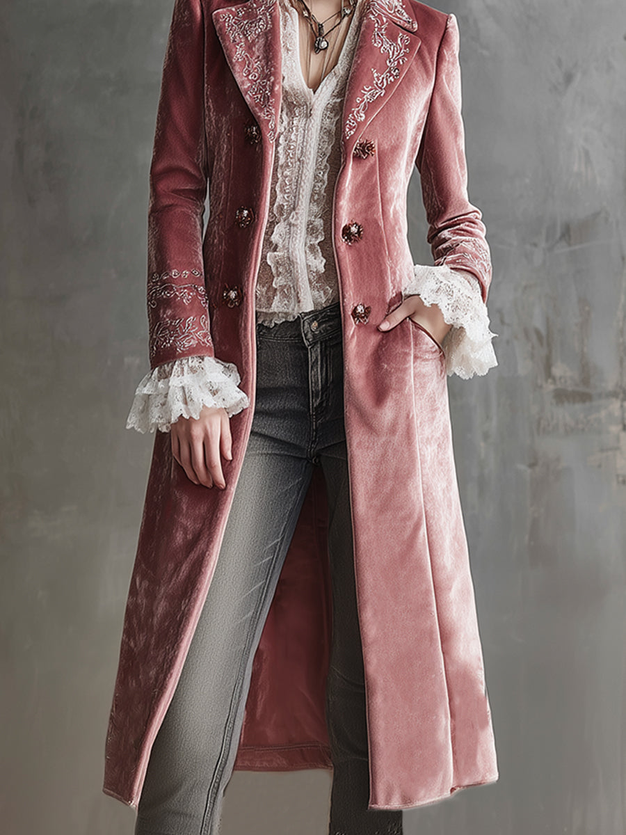 Elegantly Embroidered Polyester Velveteen Mid-length Coat