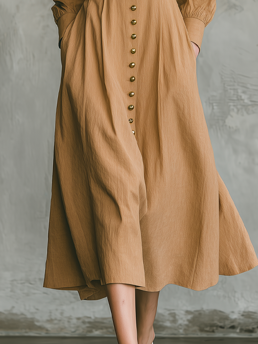 Retro Lapel Button Fitted Waist Midi Dress