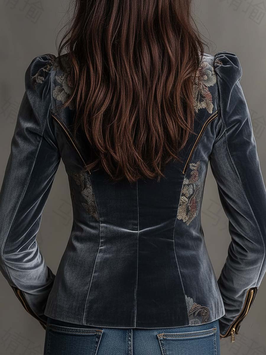 Vintage Floral Embroidered Velvet Moto Jacket – Midnight Bloom