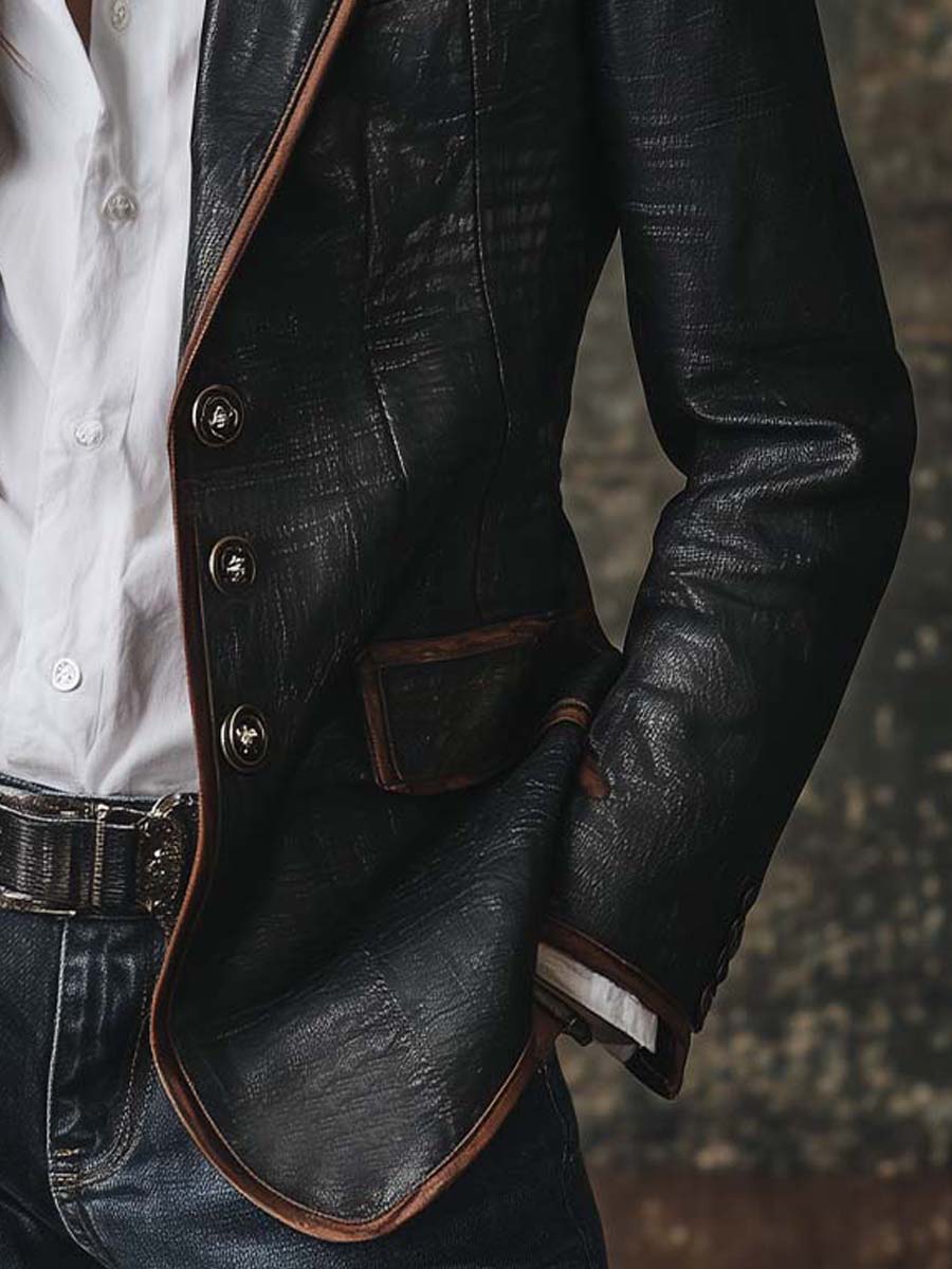 Vintage Black Eco Leather Blazer With Contrast Trim