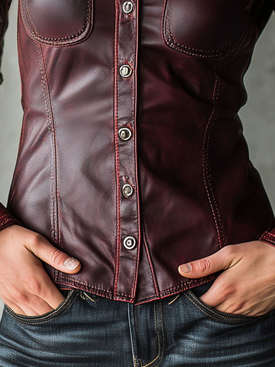 Burgundy Eco Leather Western-Fit Shirt Jacket