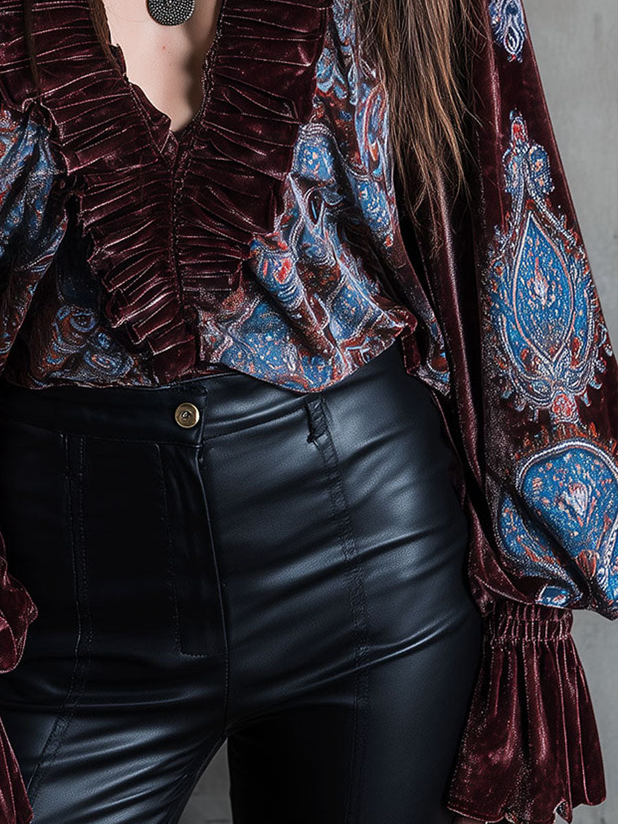 Boho Paisley Print Velvet Puff Sleeve Blouse