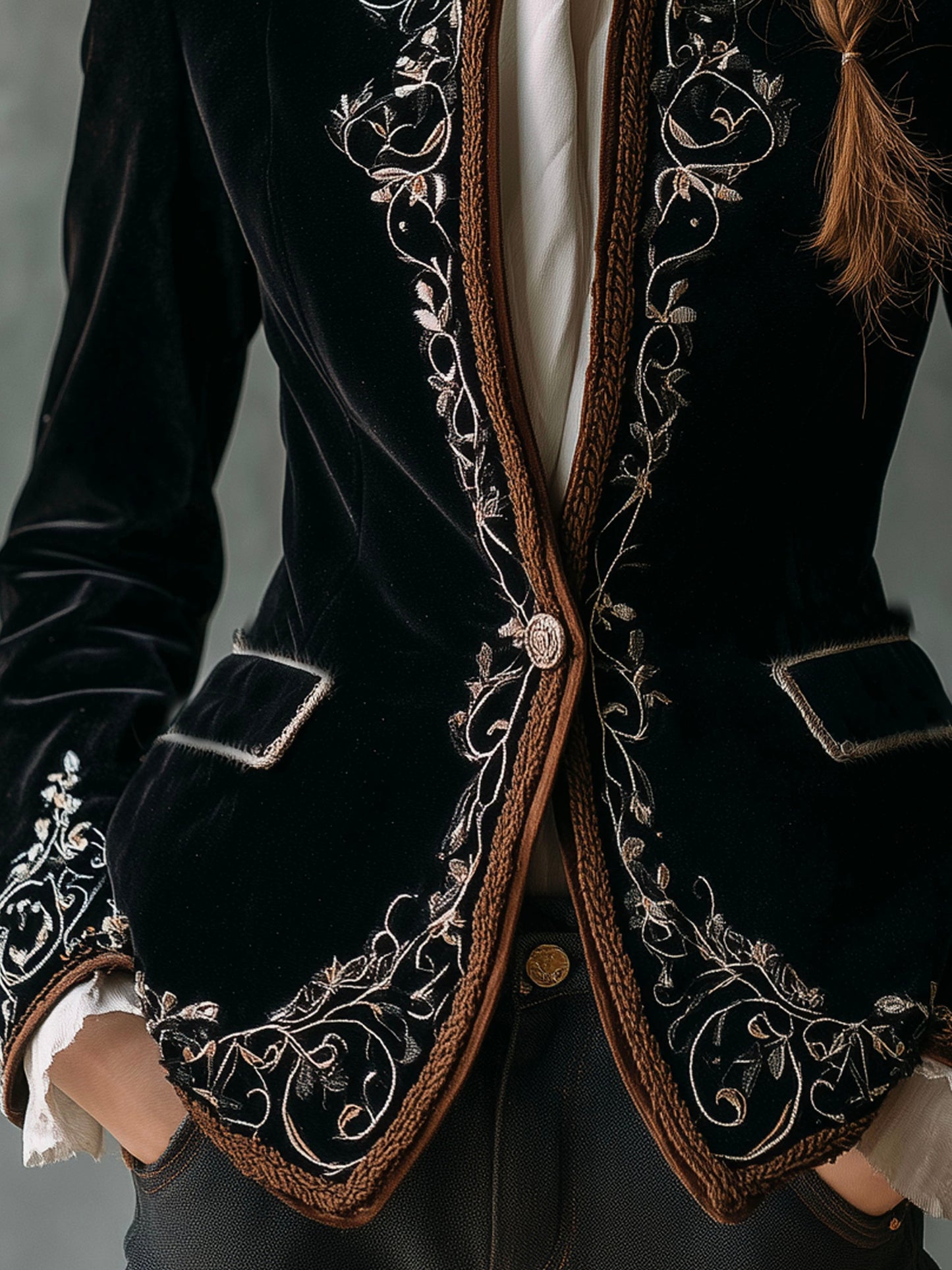 Elegant Black Luxurious Velvet Embroidered Tailored Jacket