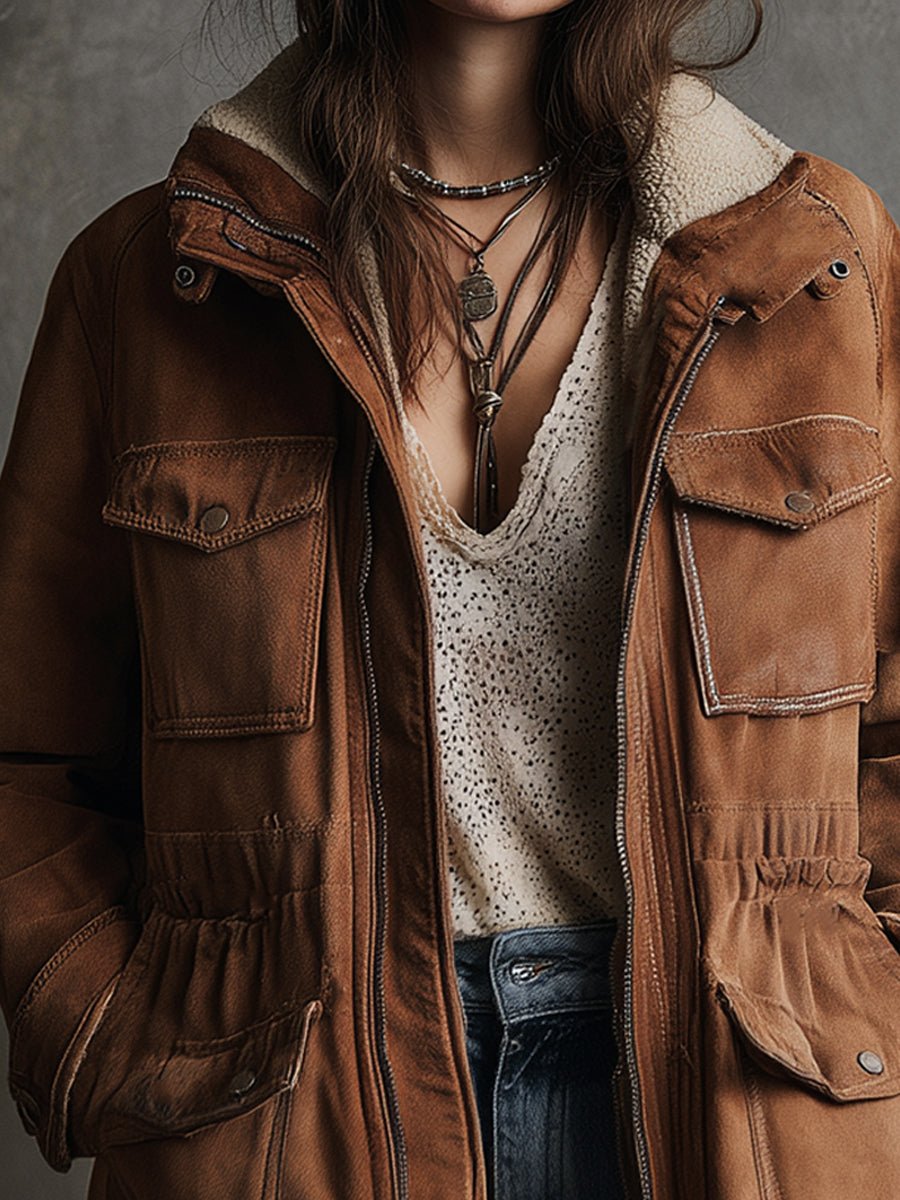 Retro Eco-friendly Suede And Sherpa Patchwork Work Pocket Jacket