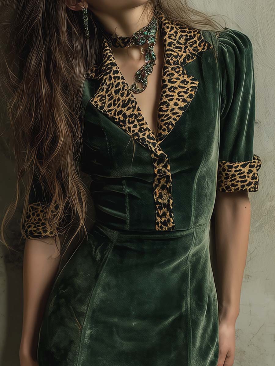 Vintage Green Velvet Leopard Patchwork Midi Dress