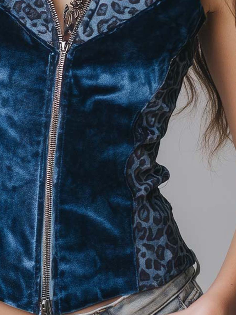 Vintage Contrast Leopard Detail Velvet Zip-up Vest