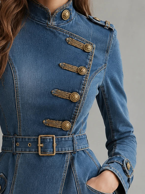 Blue Denim Military Belted Jacket