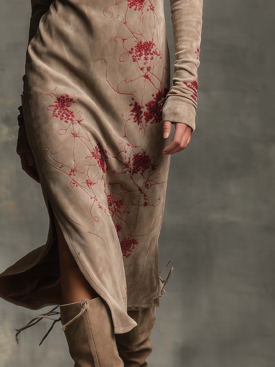 Vintage Embroidered Polyester Suede Midi Dress