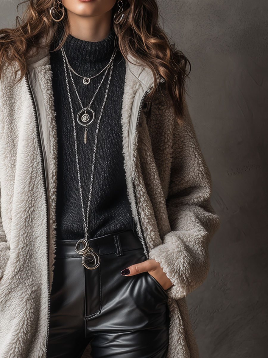 Vintage Zip-up Collar Teddy Fleece Fitted Coat