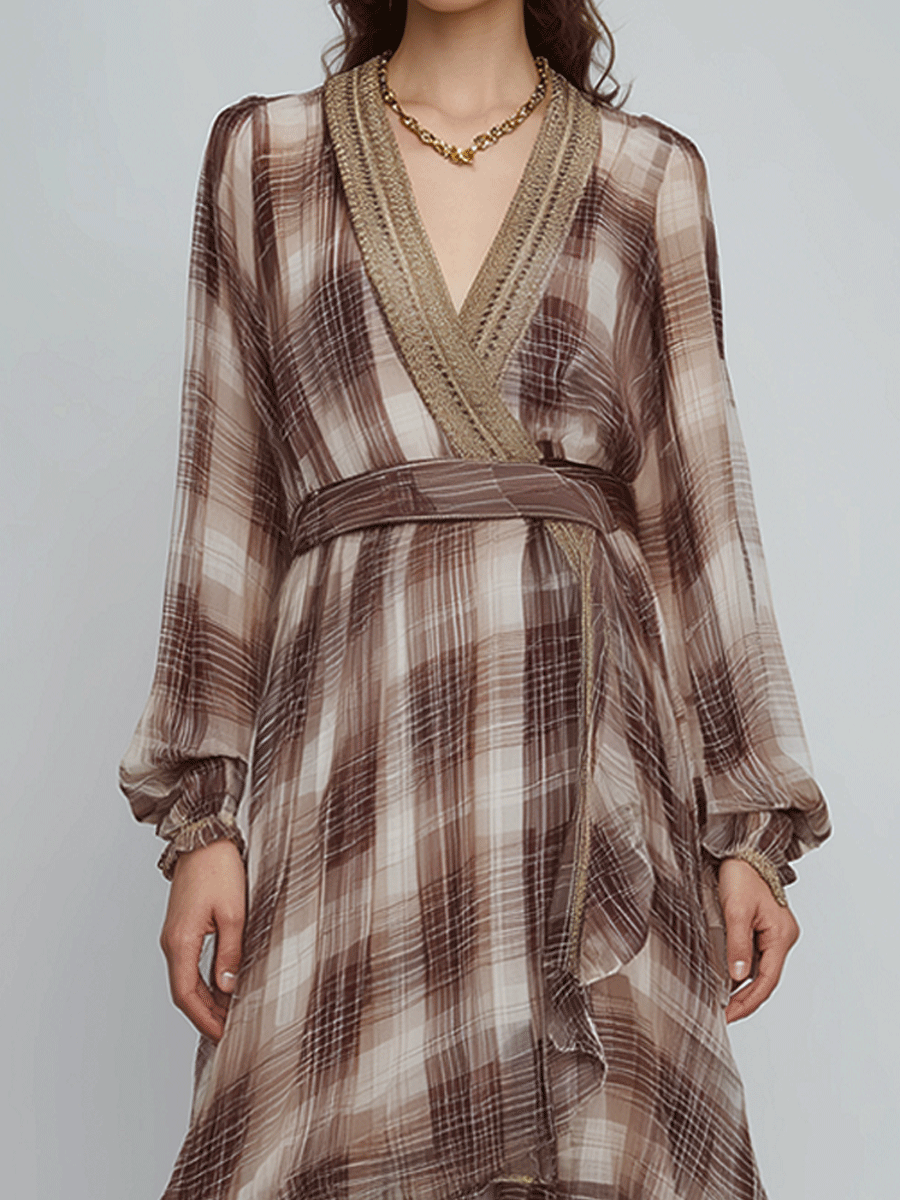 Romantic Soft Plaid Ruffle Chiffon Maxi Dress
