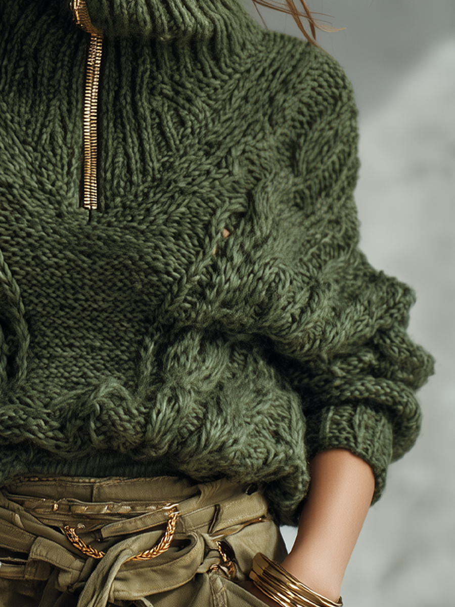 Metal Zip-up Collar Cable-knit Sweater