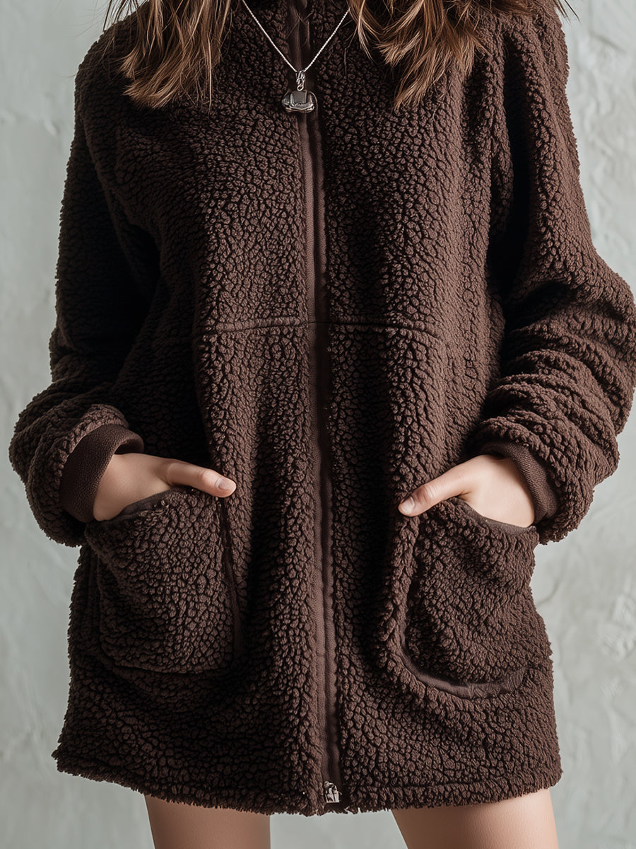 Stylish Polar Fleece Front Zipper Straight Mini Dress