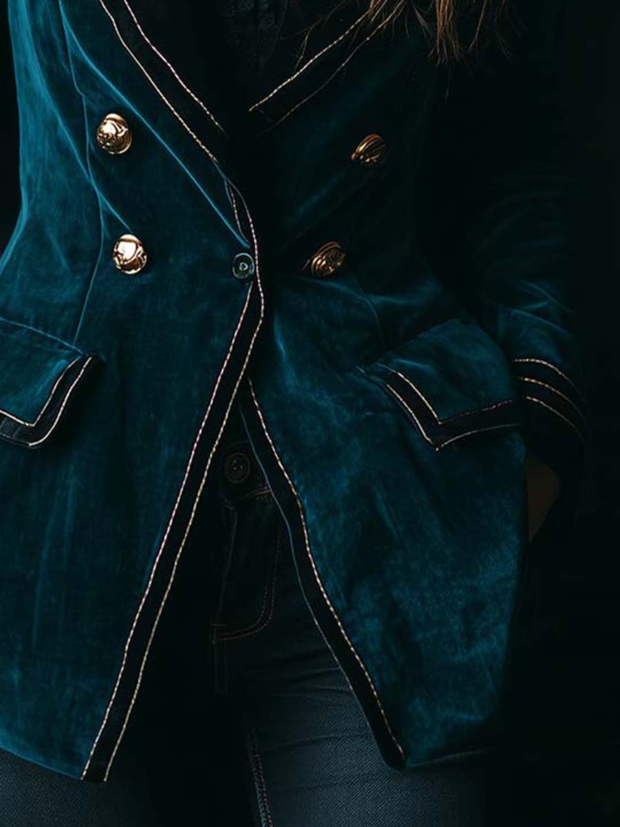 Elegant Polyester Velvet Blazer With Contrast Trim – Deep Teal