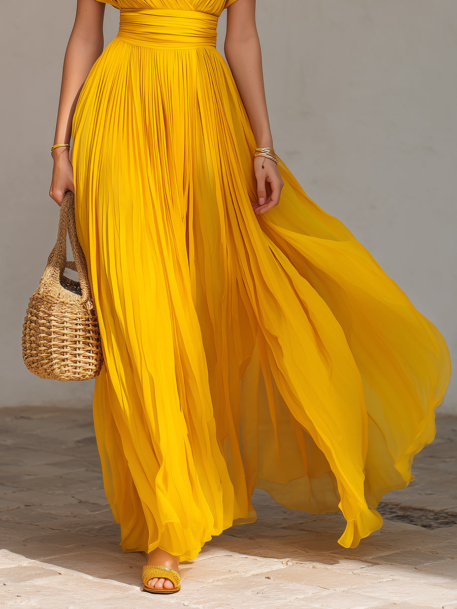 Holiday Cap Sleeve Pleated Chiffon Maxi Dress