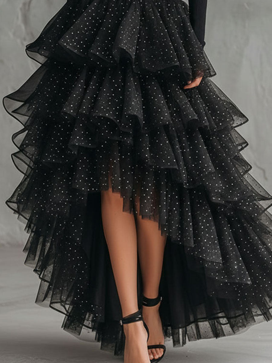 Asymmetric Sparkling Black Ruffled Mesh Layered Tulle Maxi Dress