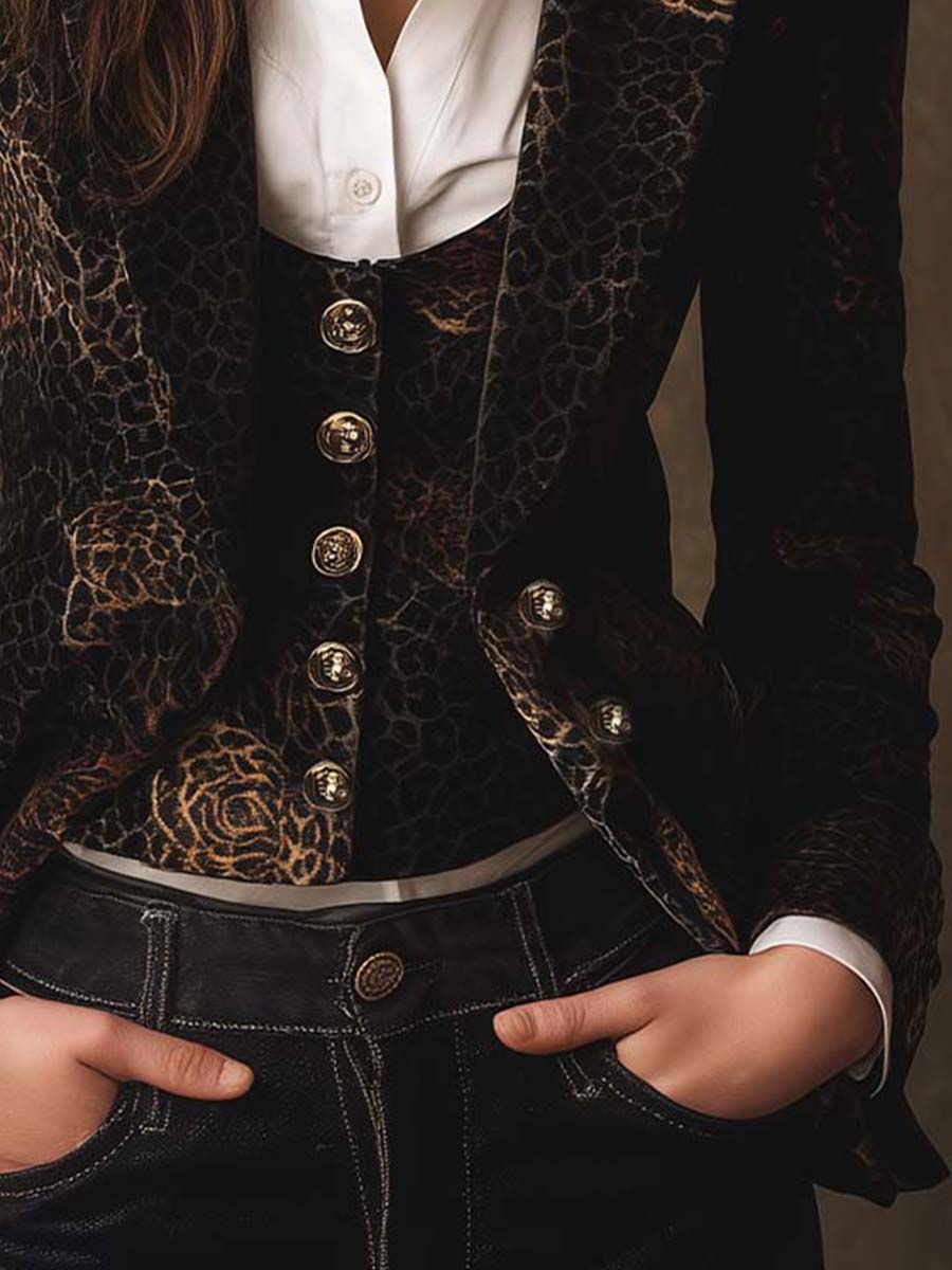 Velvet Leopard-Rose Print Tailored Blazer — Dark Romance Edition