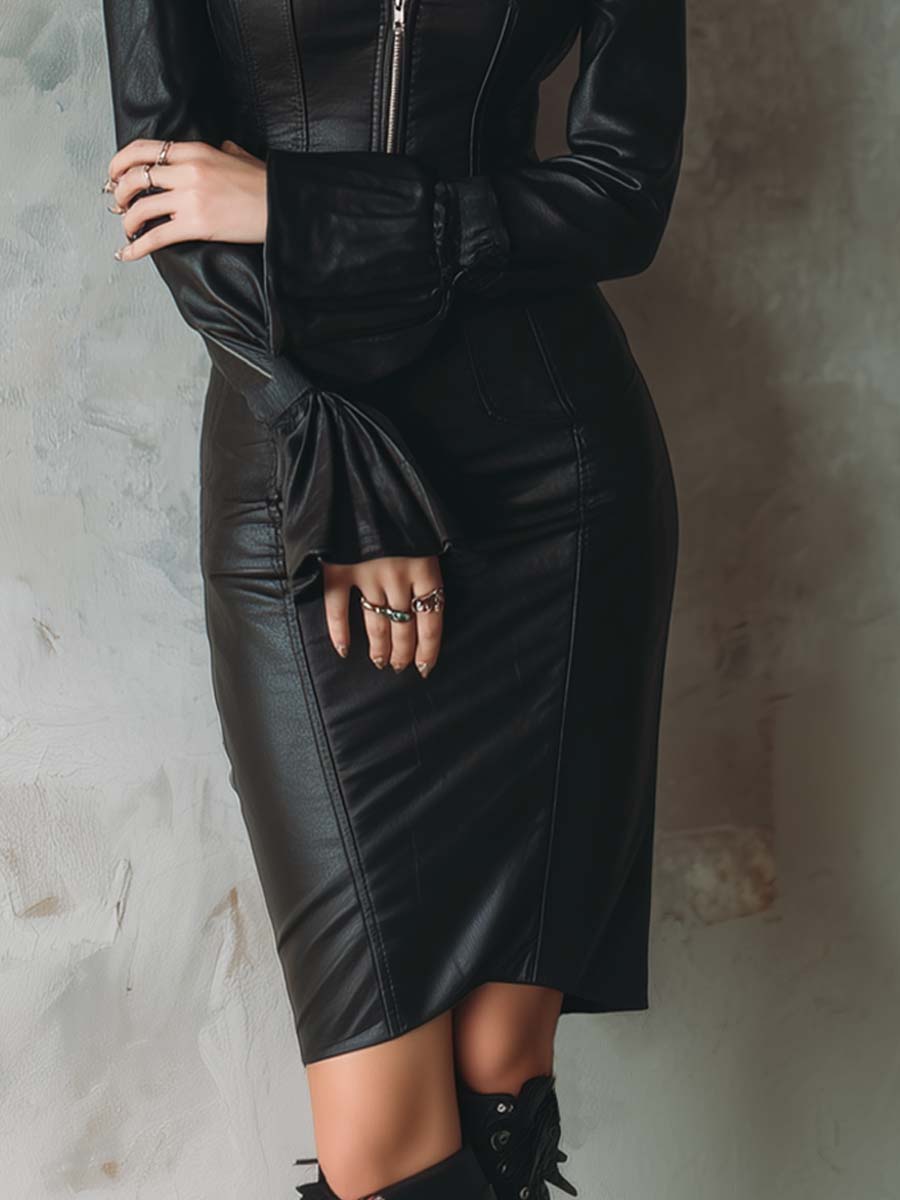 Vintage Flare Cuffs Zip-up Collar Faux Leather Midi Dress