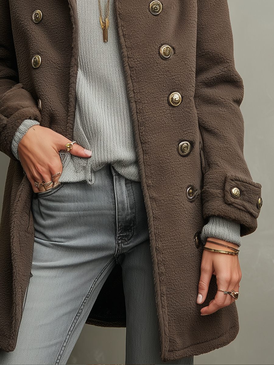 Vintage Teddy Polyester Fleece Military Style Coat