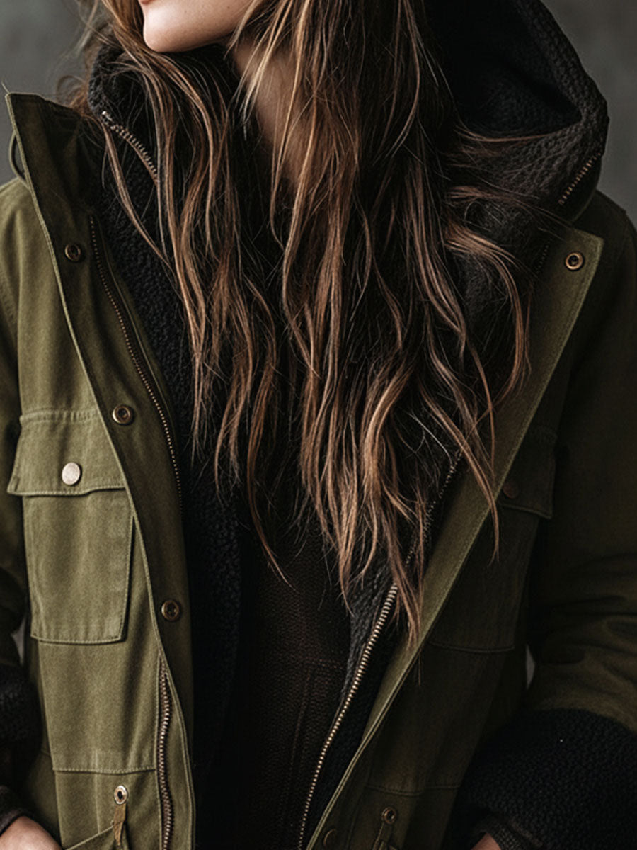 Army Green Microsuede Fleece-Lined Hooded Utility Jacket