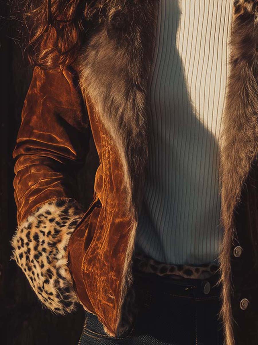Leopard Trim Eco-Suede Fur Jacket – Amber Brown