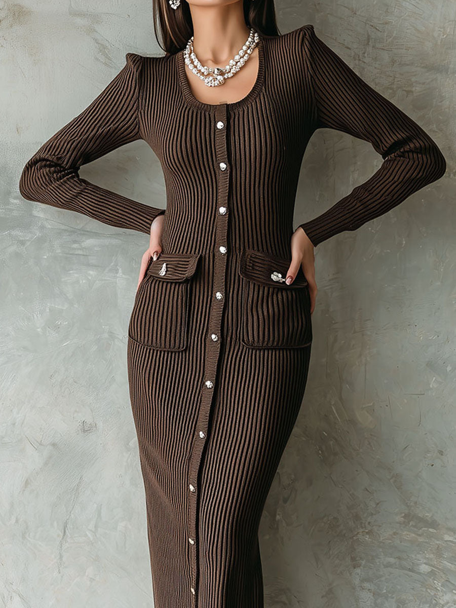 Elegant Coffee Brown Ribbed Knit Button-Down Maxi Dress