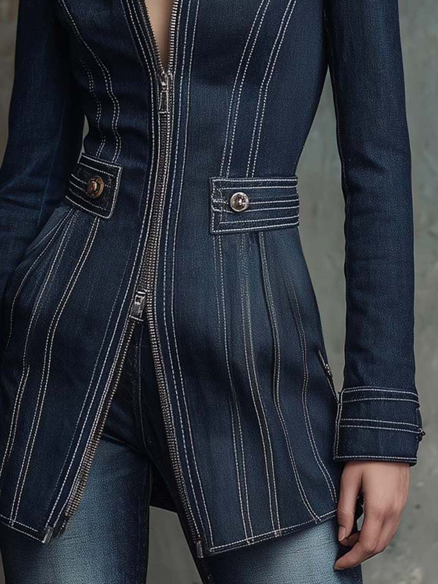 Vintage Wash Denim Long Jacket With Contrast Stitching