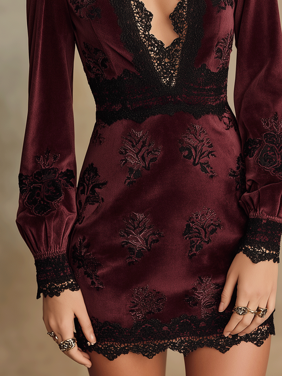 Elegant Burgundy Velvet Lace-Trim Party Mini Dress
