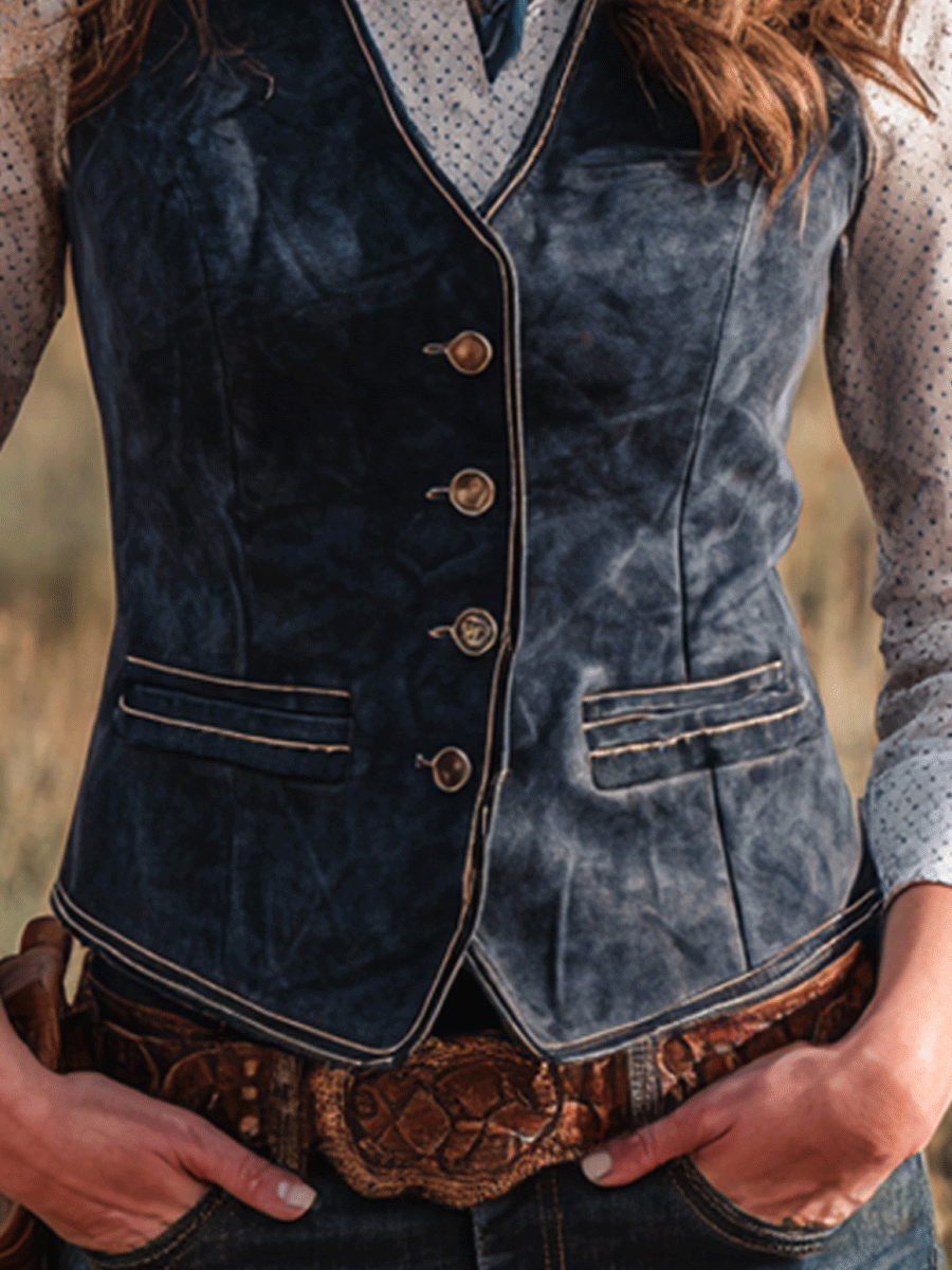 Retro Western Cowboy Style Contrasting Blue Faux Suede Vest