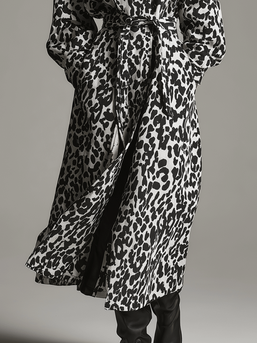 Abstract Pattern Black & White Wool Maxi Coat