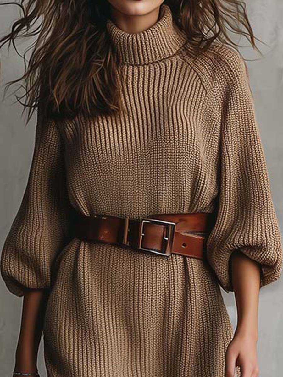Vintage Camel Knit Turtleneck Midi Dress