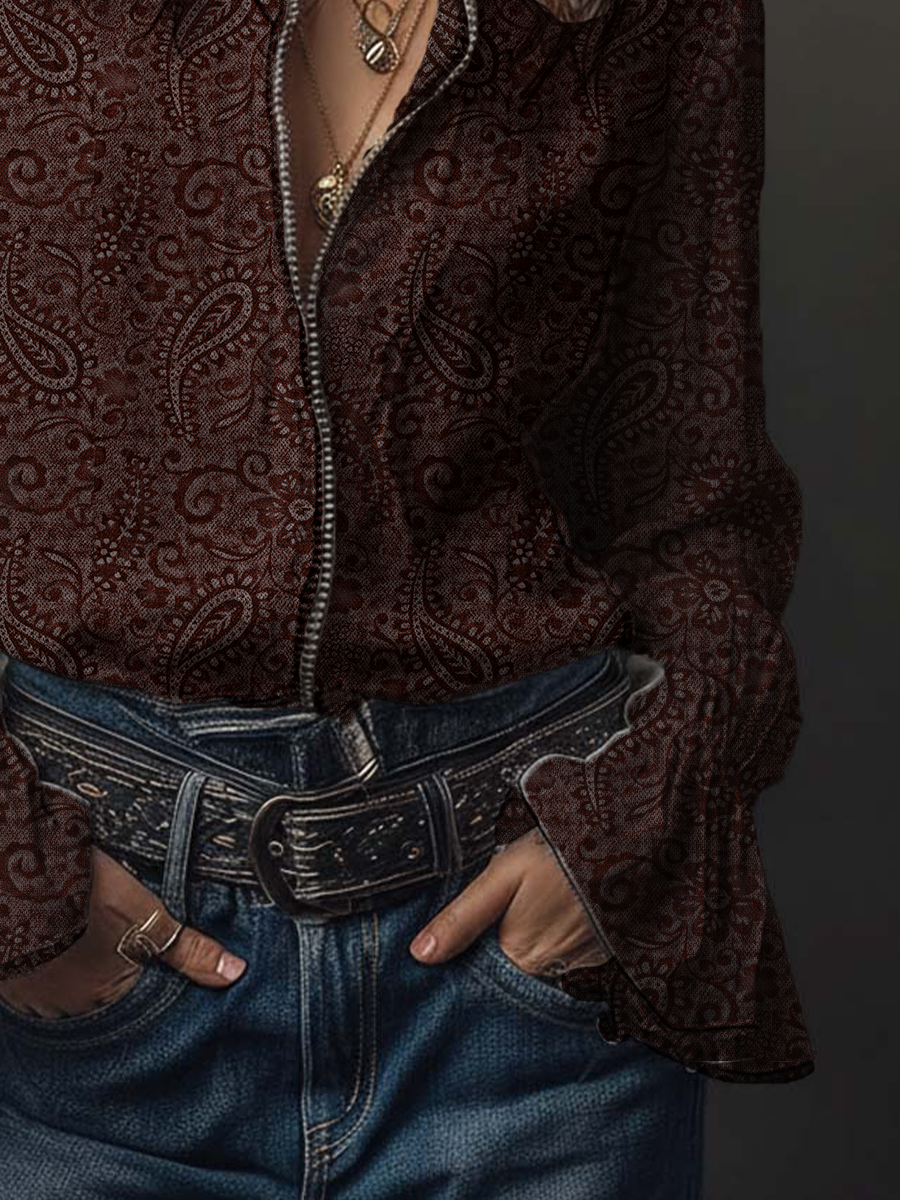 Retro Paisley Mesh Ruffle Sleeve Blouse