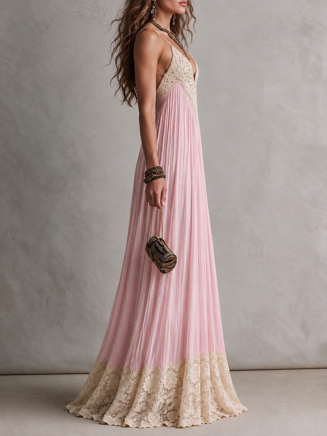 Pink Lace Trim Pleated Maxi Dress