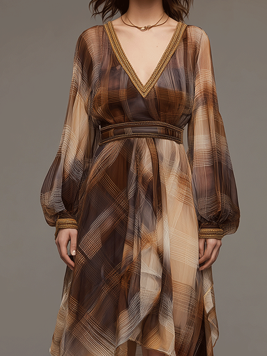 Bohemian Gradient V-neck Lantern Sleeve Chiffon Asymmetric Midi Dress