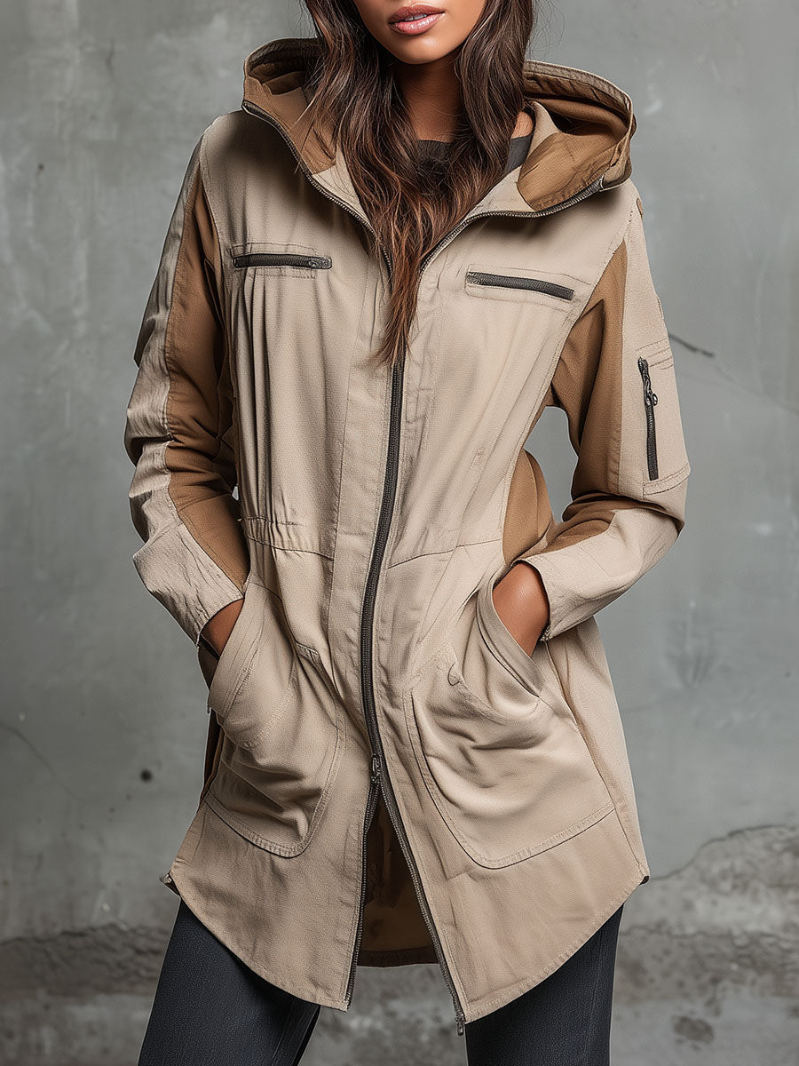 Khaki & Brown Utility Hooded Cargo Parka Jacket With Multipel Pockets