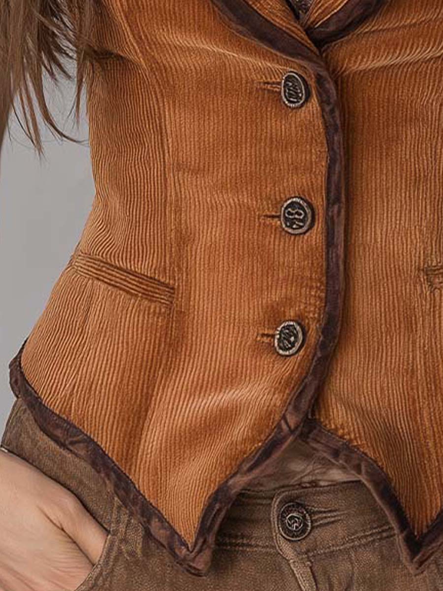 Retro Bohemian Contrast Piping Corduroy Slim Vest