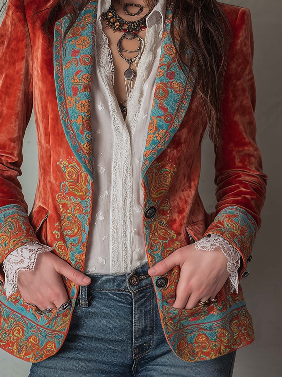 Retro Contrast Color Polyester Velvet Printed Blazer